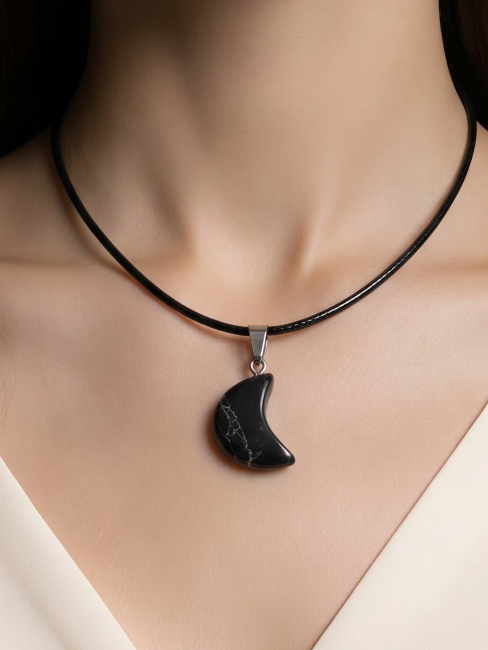 Black Howlite Crescent Moon Necklace Celestial Goth Moody Natural Stone Pendant